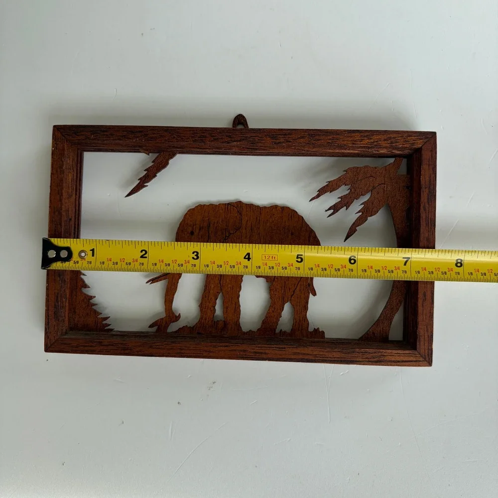 Vintage Hand Carved Wood Elephant Silhouette Shadow Box Wall Hanging Safari Art